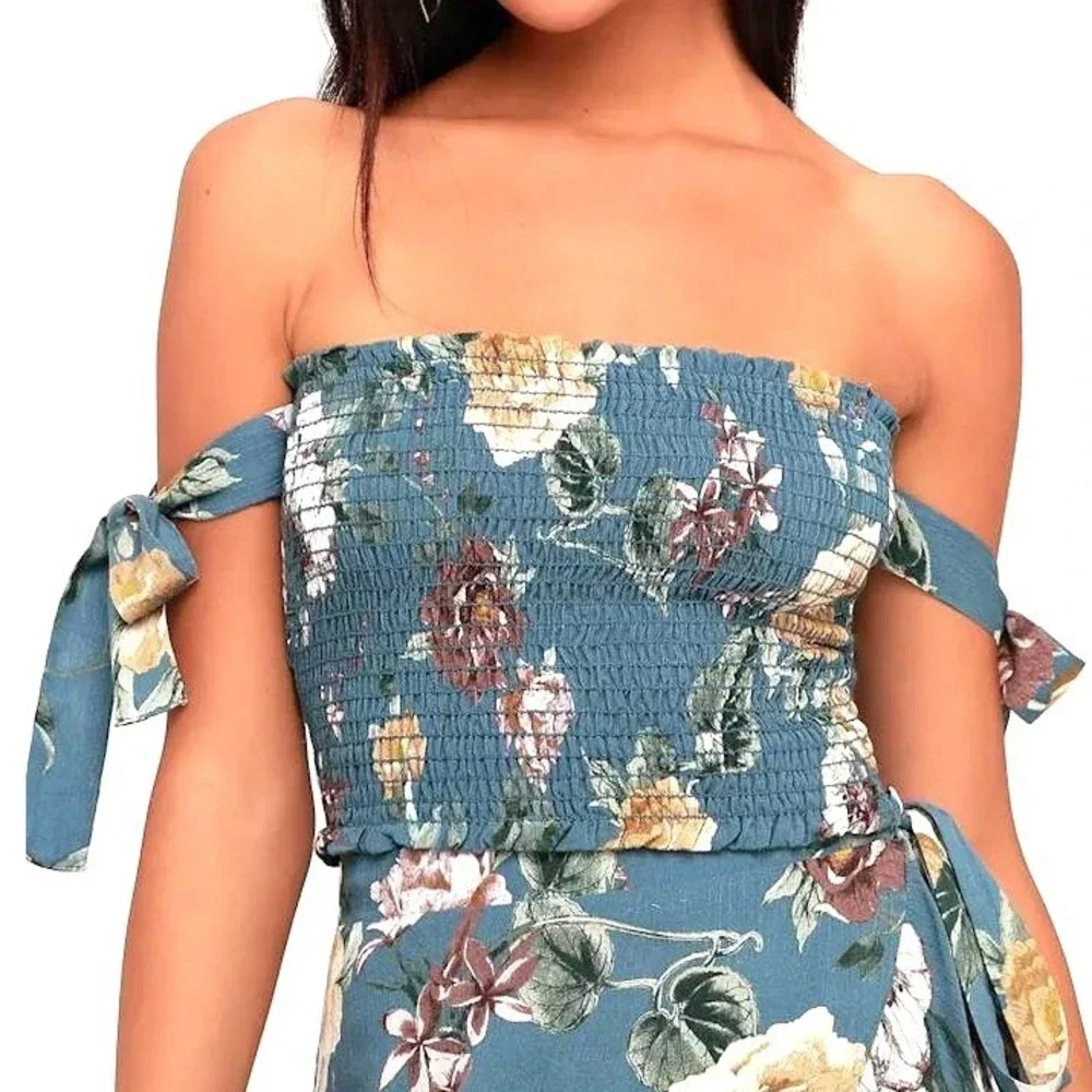 Lulus Balsam Teal Blue Floral Print Smocked Off-the-Shoulder Crop Top Size S